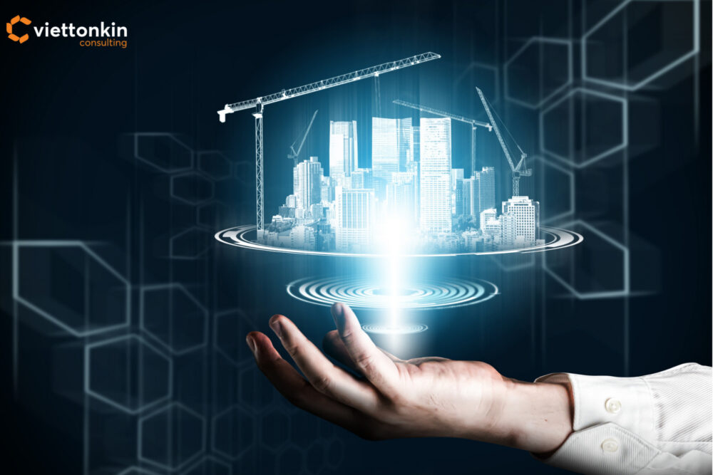 Digital hand holding a city skyline with cranes, symbolizing Vietnam’s accelerated infrastructure projects