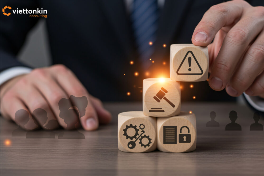 A businessman stacks wooden blocks on a desk The blocks feature icons for risk, law, process, and security
