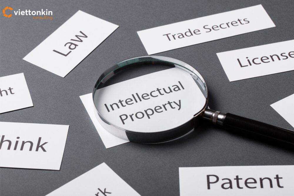 Magnifying glass highlighting intellectual property surrounded by words law, patent, trade secrets, and licenses