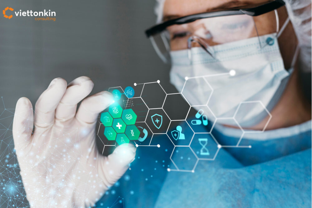 Medtech industry development with doctor using digital healthcare interface, showcasing innovation in medical technology and data driven healthcare solutions