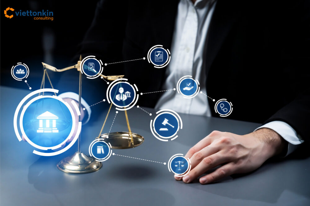 A business professional with legal scales and digital law icons, symbolizing the regulatory framework and key laws shaping foreign bank entry into Vietnam.