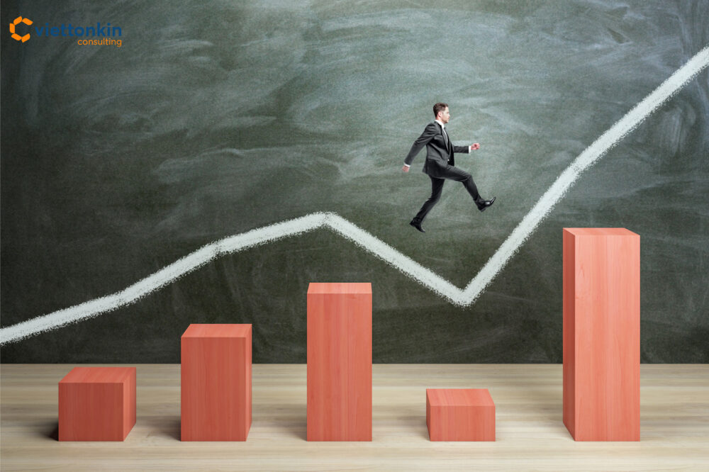 Business figure navigating fluctuating bar charts, symbolizing the challenges foreign banks face in Vietnam.